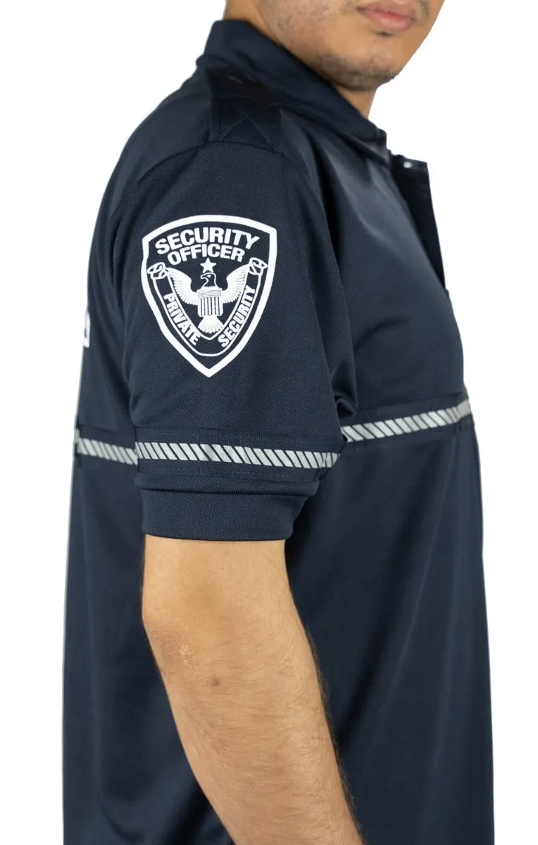 First Class Security and Patch Bike Patrol Polo Shirt with Zipper Pocket and Reflective Hash Stripes
