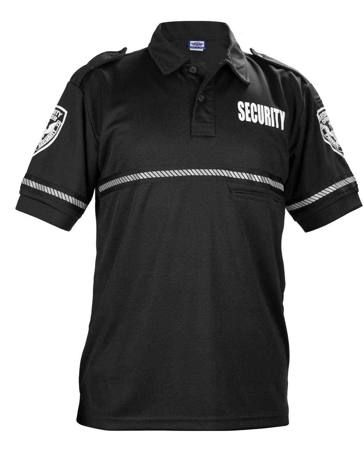 First Class Security and Patch Bike Patrol Polo Shirt with Zipper Pocket and Reflective Hash Stripes