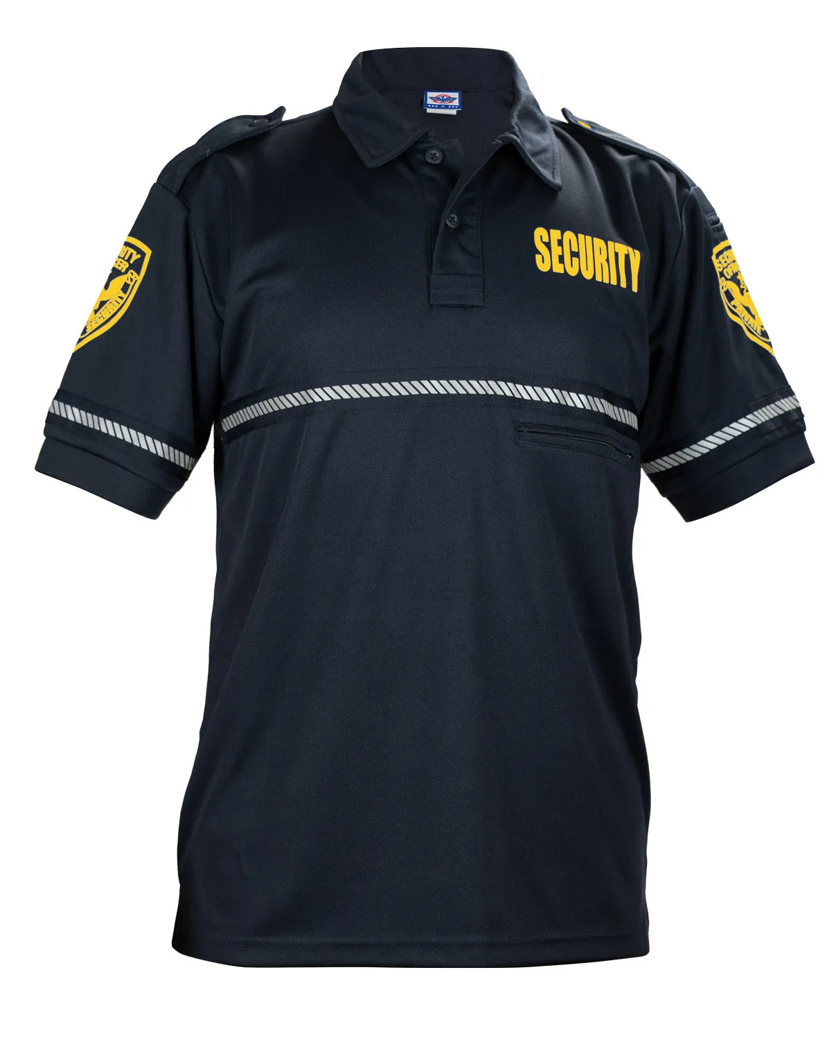 First Class Security and Patch Bike Patrol Polo Shirt with Zipper Pocket and Reflective Hash Stripes