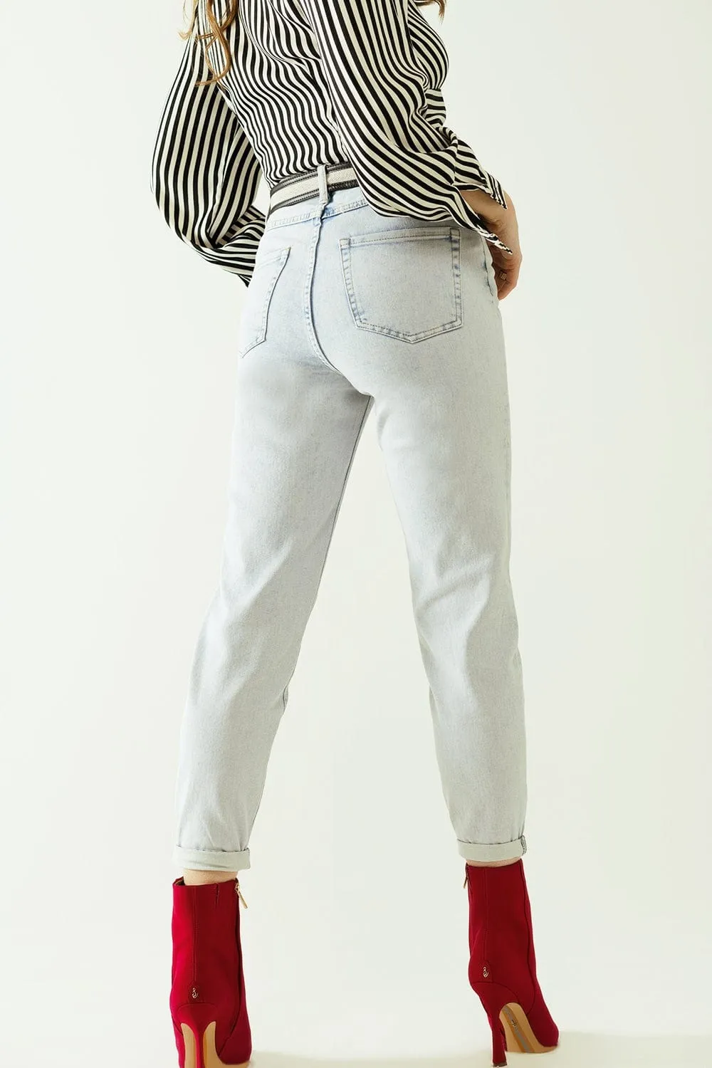 Five Pockets Mom Jeans Wash Effect With Folded Hem