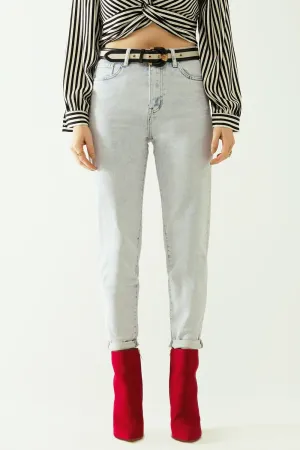 Five Pockets Mom Jeans Wash Effect With Folded Hem