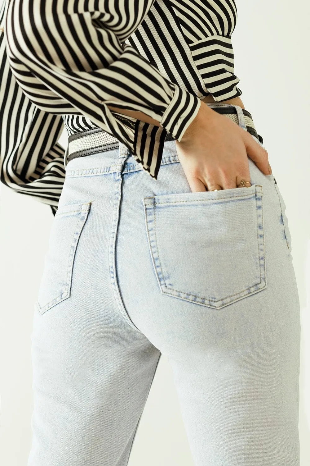 Five Pockets Mom Jeans Wash Effect With Folded Hem