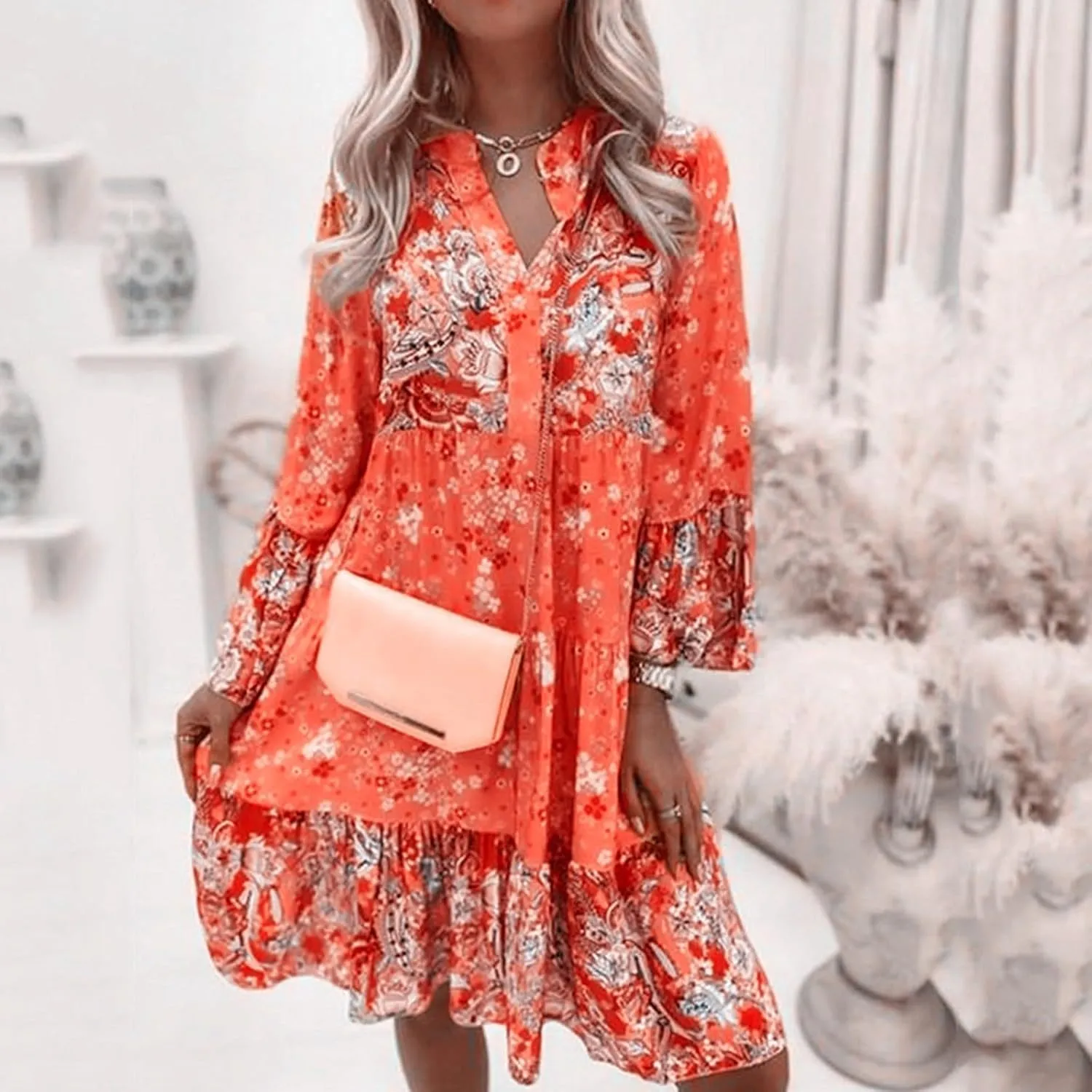Floral Midi Dresses for Women Long Sleeve Vintage Flowy Ruffle Boho Dress 2025 Summer V Neck Beach Vacation Sundress