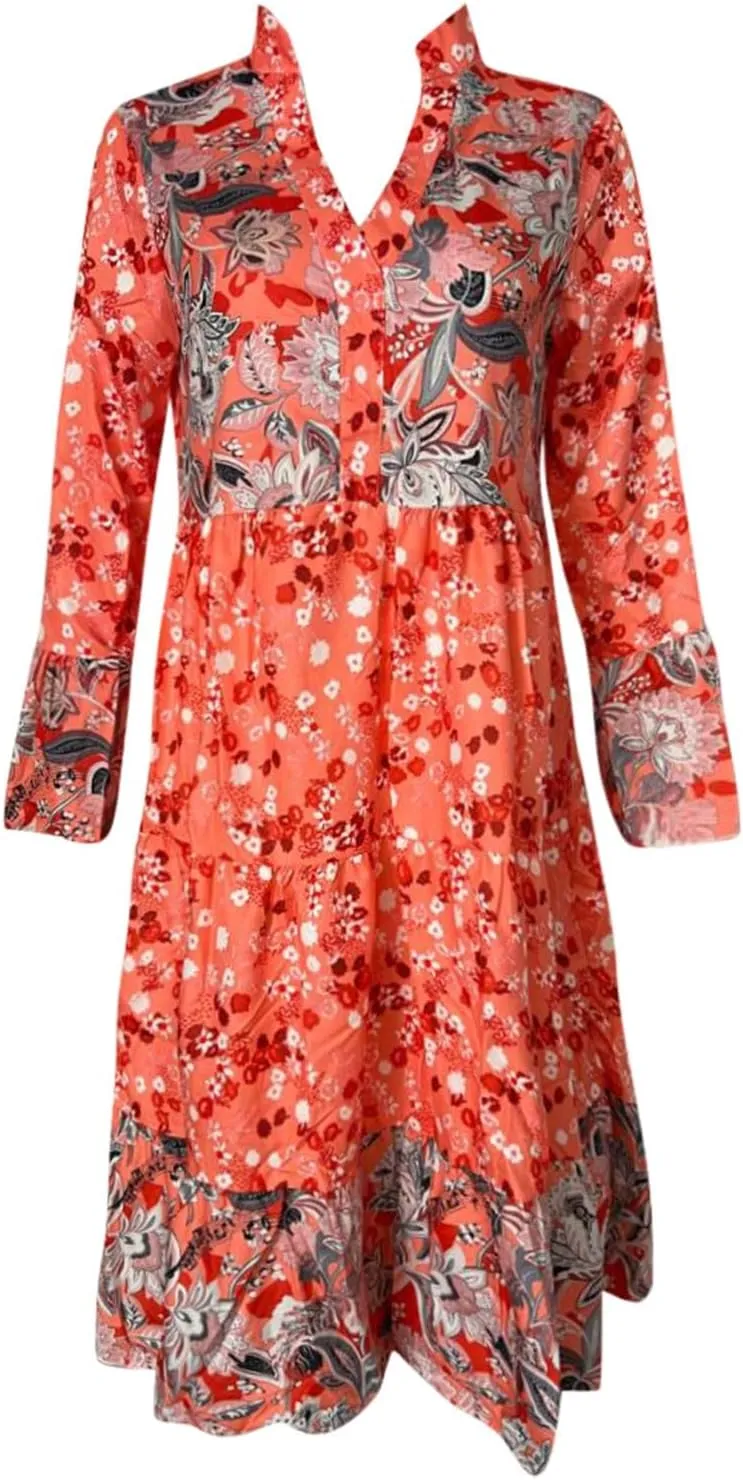 Floral Midi Dresses for Women Long Sleeve Vintage Flowy Ruffle Boho Dress 2025 Summer V Neck Beach Vacation Sundress