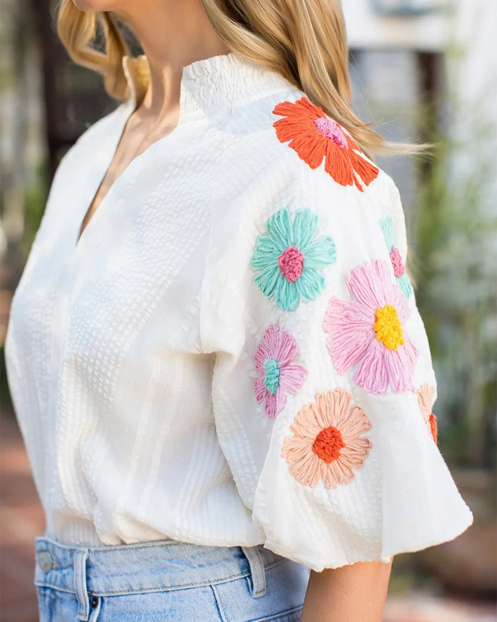 Flower Embroidered Puff Sleeve Textured Top - Cream