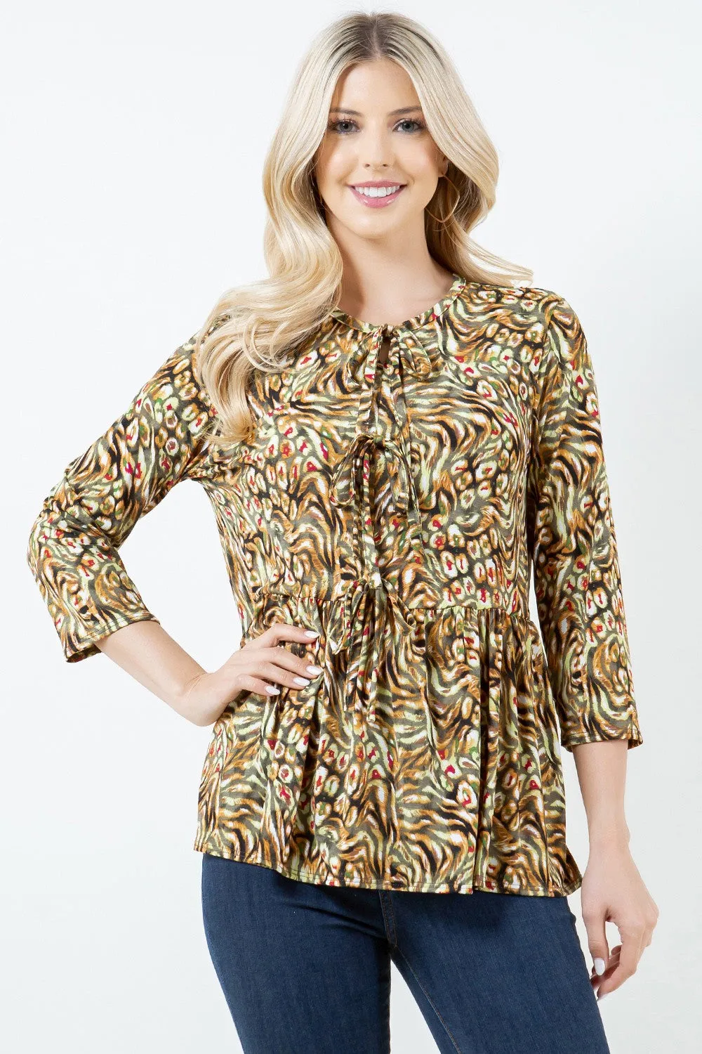 GREEN FRONT TIE 3/4 SLEEVES TUNIC TOP TB5958