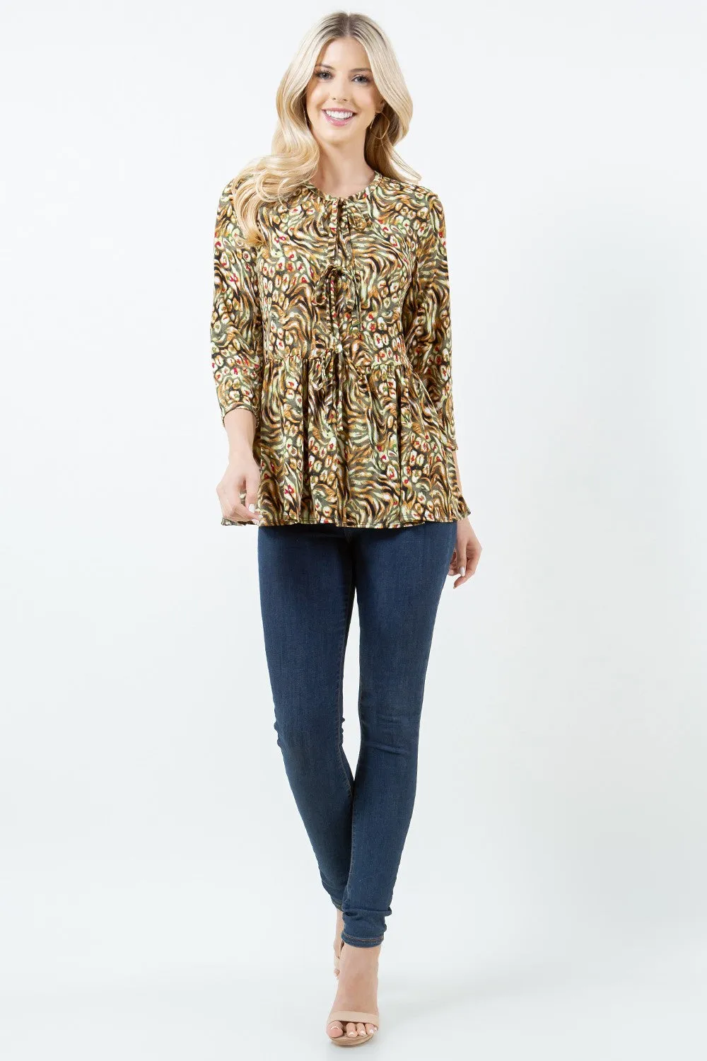 GREEN FRONT TIE 3/4 SLEEVES TUNIC TOP TB5958