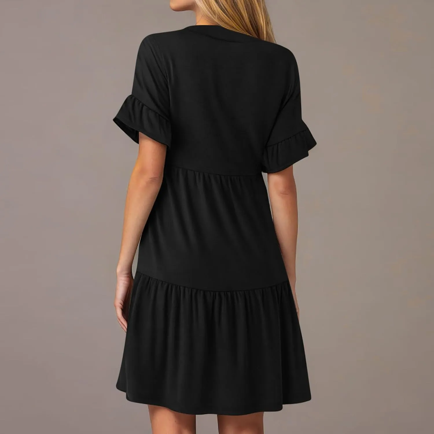 hlysgo Dresses for Women 2025 Casual Loose Fit Ruffled Short Sleeve V Neck Mini Dress Summer Short Beach Dress with Pockets
