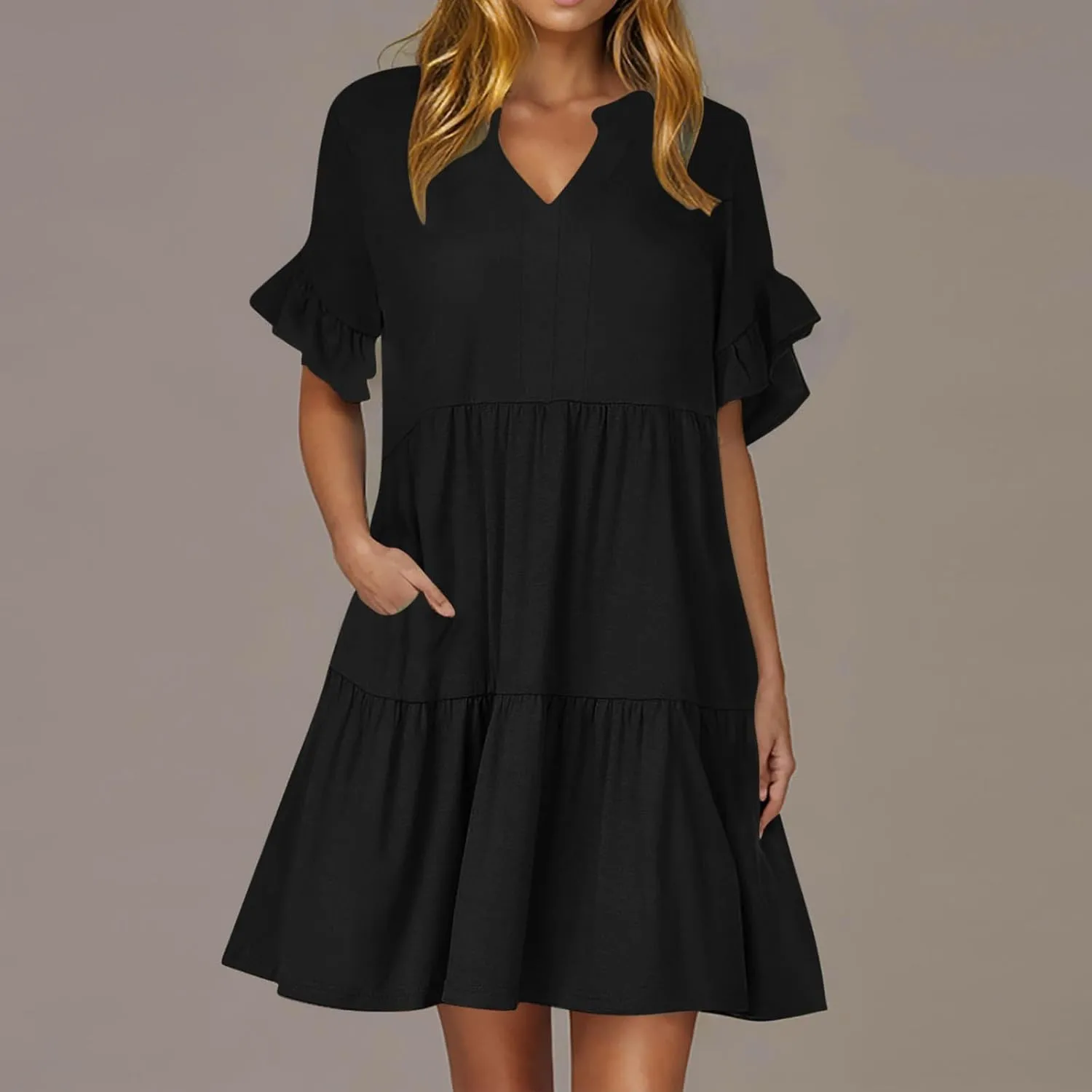 hlysgo Dresses for Women 2025 Casual Loose Fit Ruffled Short Sleeve V Neck Mini Dress Summer Short Beach Dress with Pockets