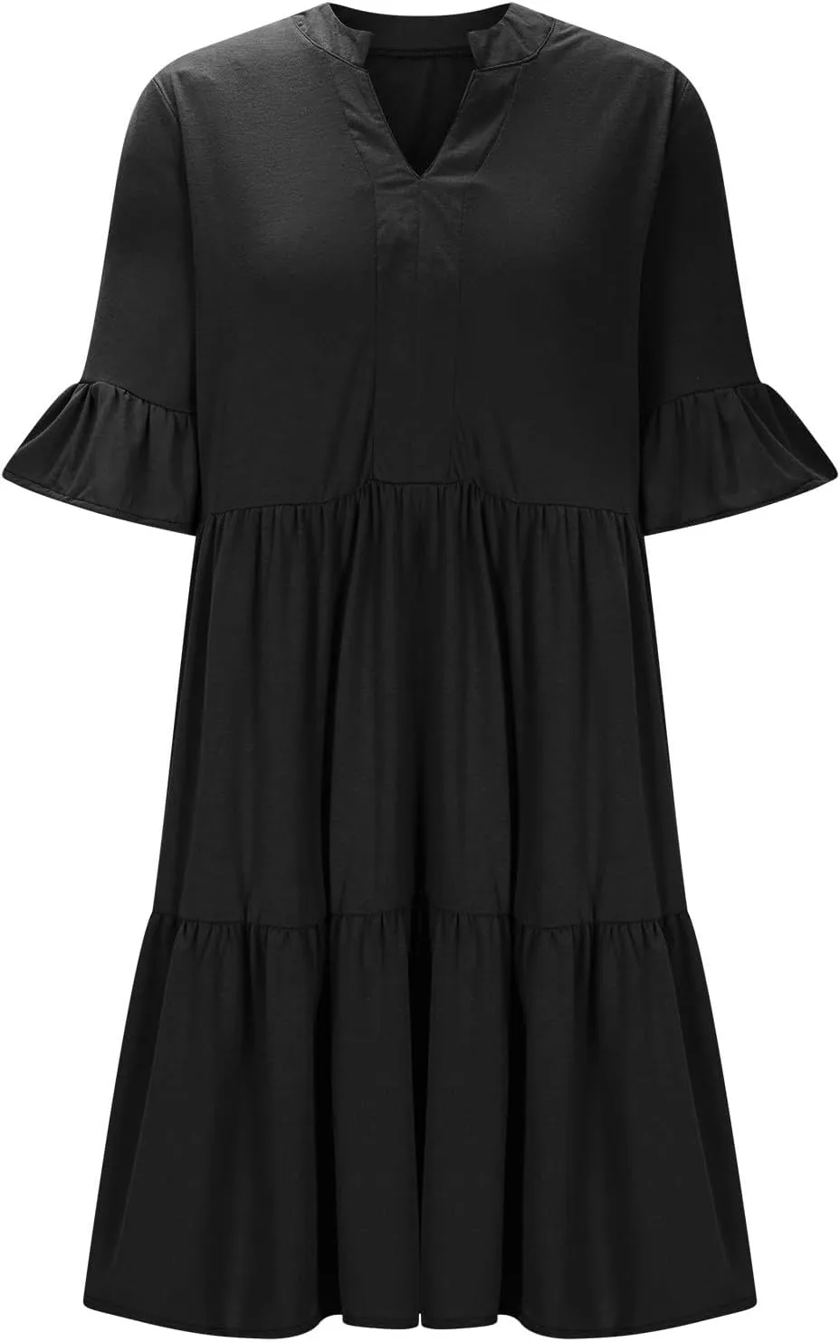 hlysgo Dresses for Women 2025 Casual Loose Fit Ruffled Short Sleeve V Neck Mini Dress Summer Short Beach Dress with Pockets