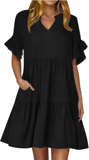 hlysgo Dresses for Women 2025 Casual Loose Fit Ruffled Short Sleeve V Neck Mini Dress Summer Short Beach Dress with Pockets