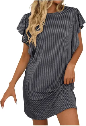 hlysgo Women Summer Casual Dress Ruffle Sleeve Crewneck Mini Tshirt Dresses 2025 Vacation Beach Boho Short Sundress