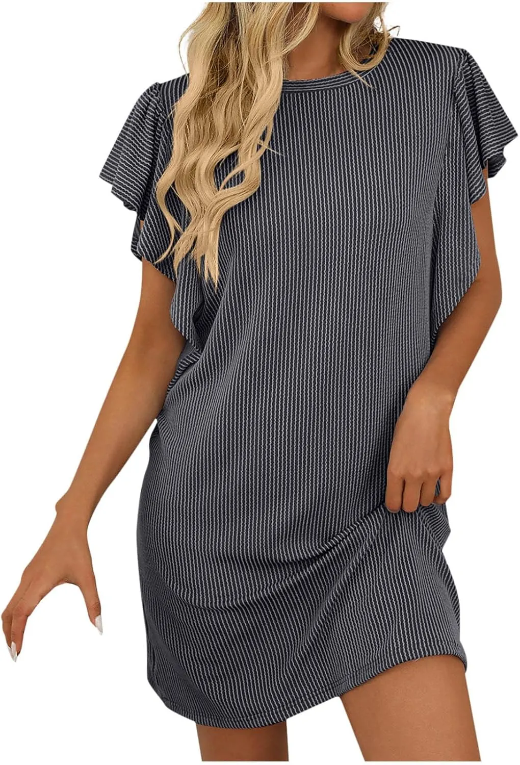 hlysgo Women Summer Casual Dress Ruffle Sleeve Crewneck Mini Tshirt Dresses 2025 Vacation Beach Boho Short Sundress