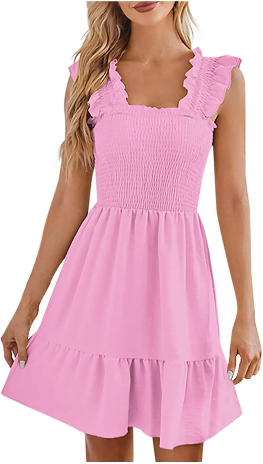 hlysgo Women Summer Sleeveless Mini Dress Boho Smocked Sundresses Cute Ruffle Casual Tank Dress