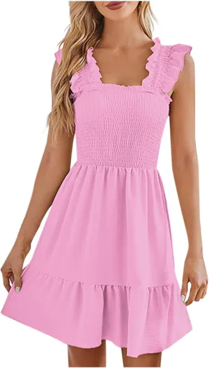 hlysgo Women Summer Sleeveless Mini Dress Boho Smocked Sundresses Cute Ruffle Casual Tank Dress