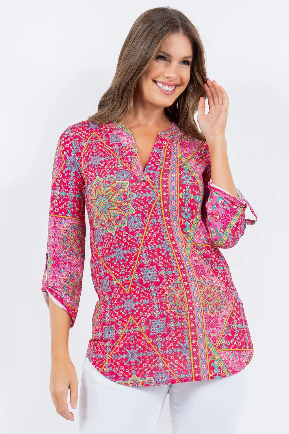 HOT PINK V-NECK BOHEMIAN PRINT 3/4 SLEEVES TOP TB5707O