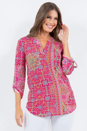 HOT PINK V-NECK BOHEMIAN PRINT 3/4 SLEEVES TOP TB5707O