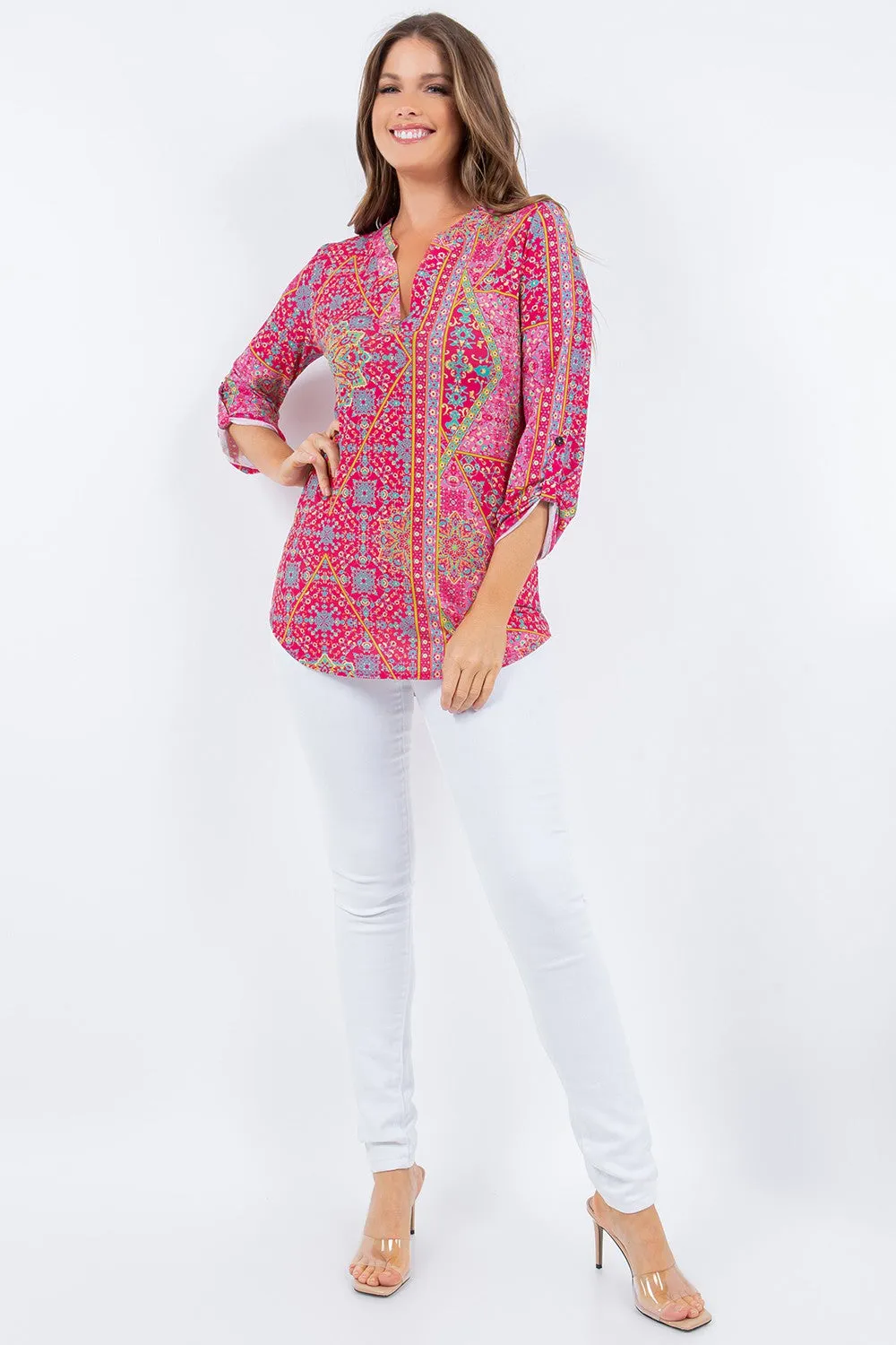 HOT PINK V-NECK BOHEMIAN PRINT 3/4 SLEEVES TOP TB5707O