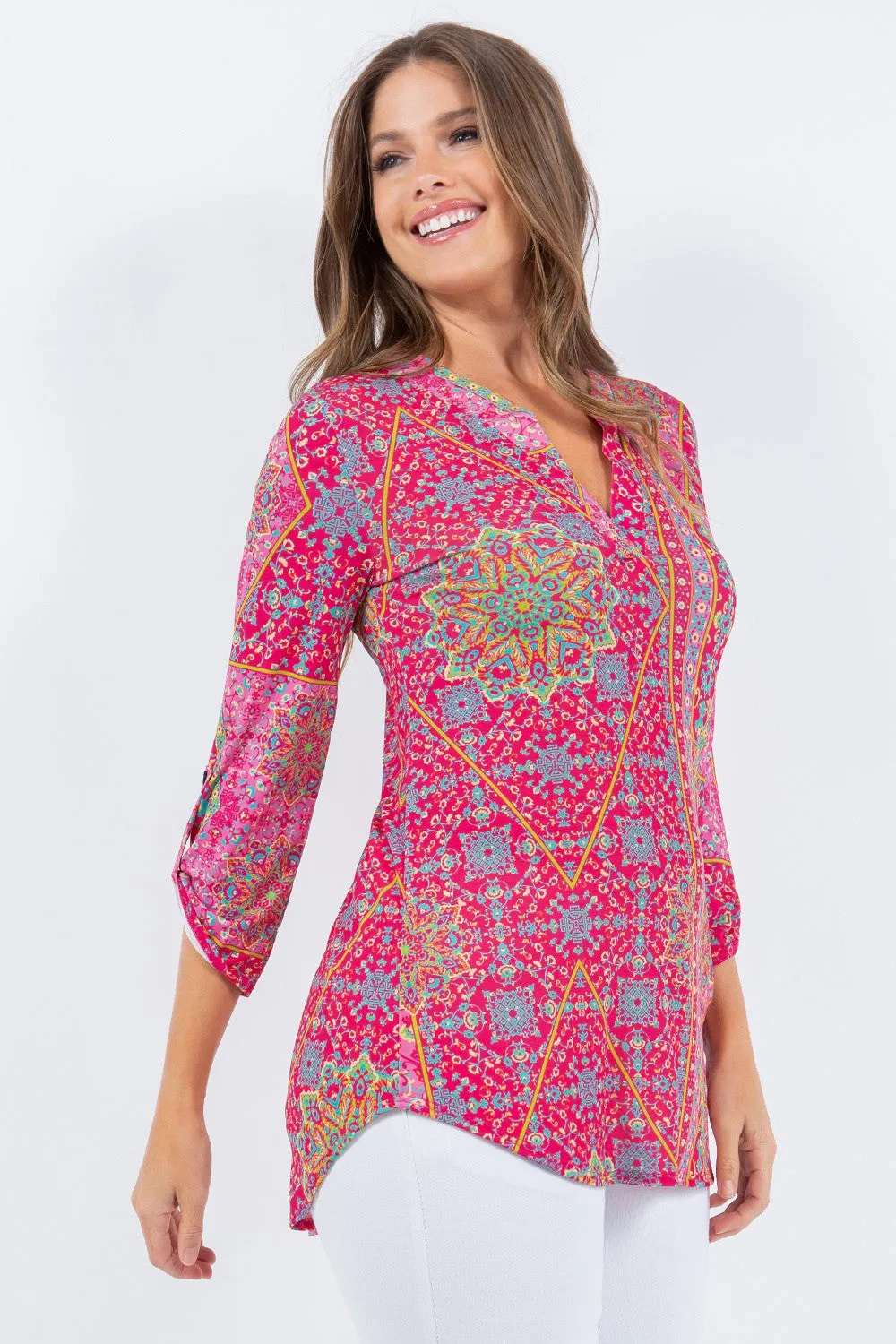 HOT PINK V-NECK BOHEMIAN PRINT 3/4 SLEEVES TOP TB5707O