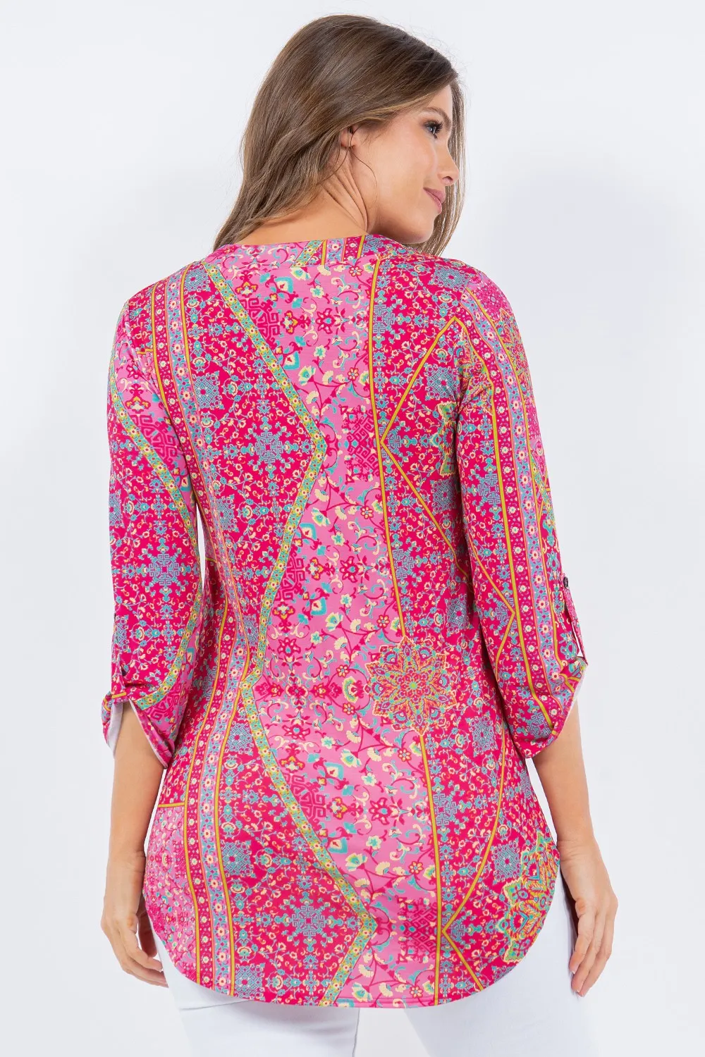 HOT PINK V-NECK BOHEMIAN PRINT 3/4 SLEEVES TOP TB5707O