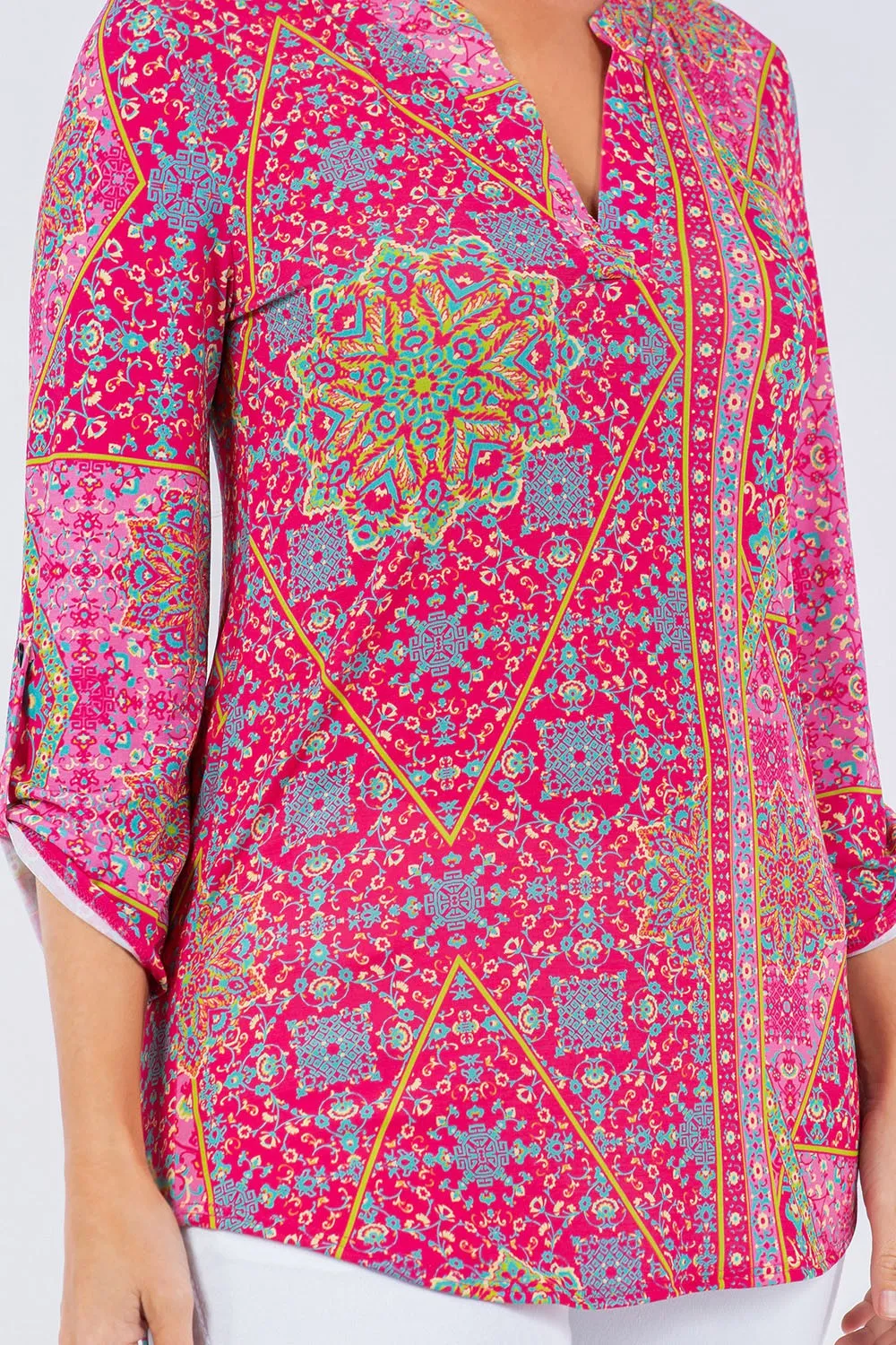 HOT PINK V-NECK BOHEMIAN PRINT 3/4 SLEEVES TOP TB5707O