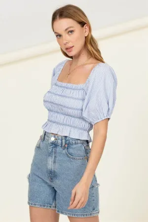 HYFVE Cotton Candy Smocked Puff Sleeves Striped Crop Top