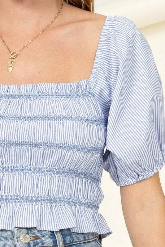 HYFVE Cotton Candy Smocked Puff Sleeves Striped Crop Top