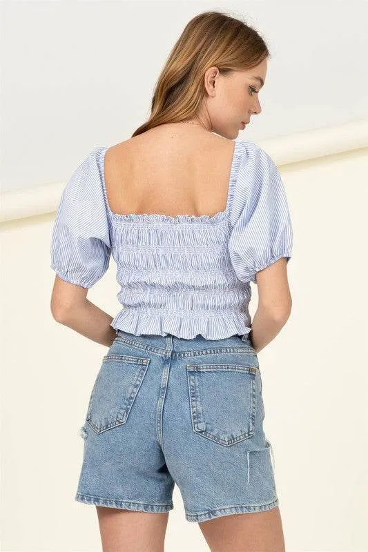 HYFVE Cotton Candy Smocked Puff Sleeves Striped Crop Top
