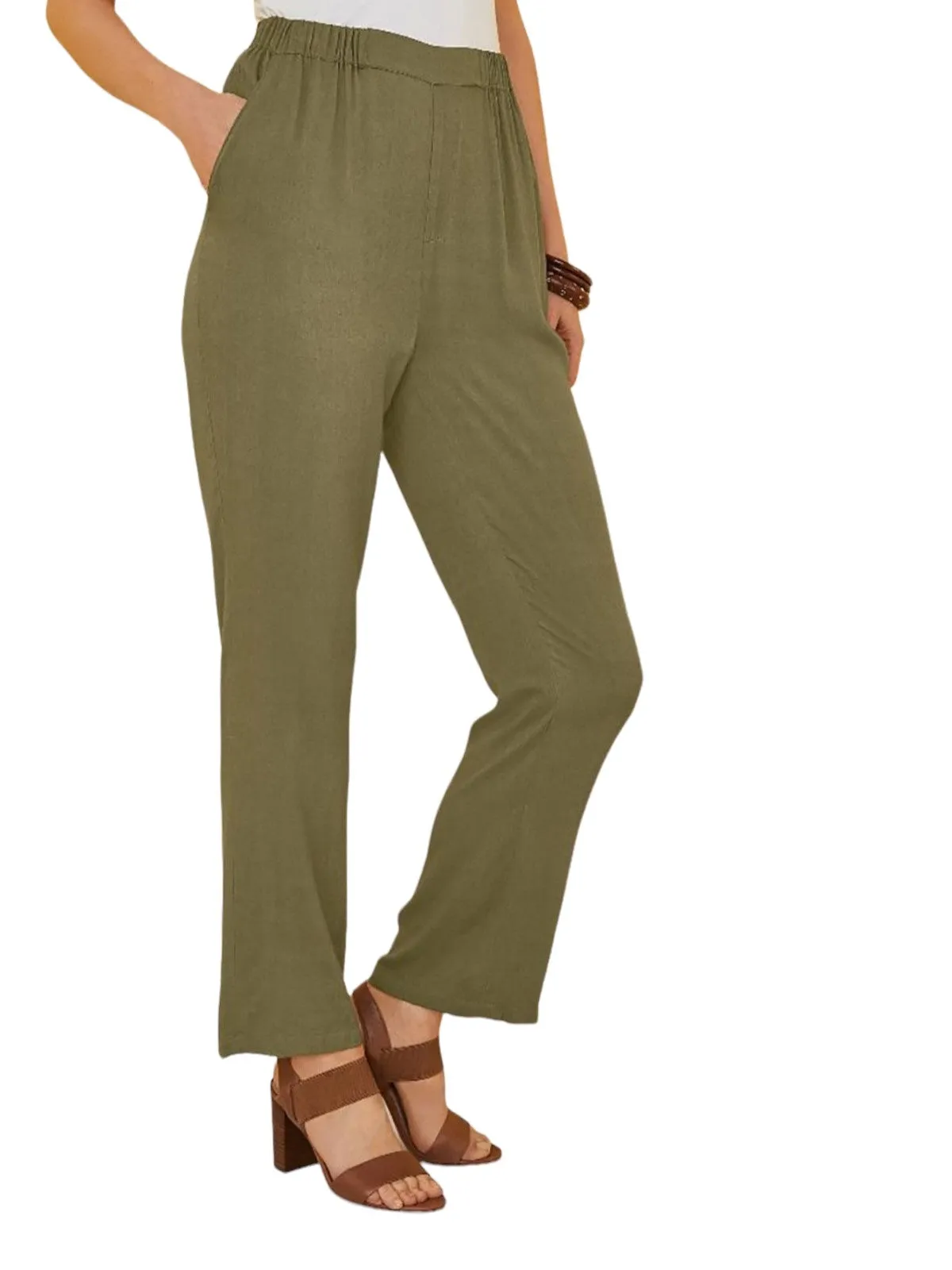 Ladies Lily Ella Khaki Pull On Elasticated Full Length Plus Size Trousers