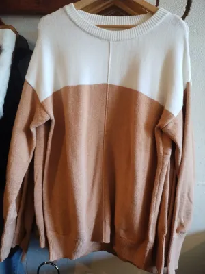 Ldc Colorblock Ribbed Trim Round Neck Sweater