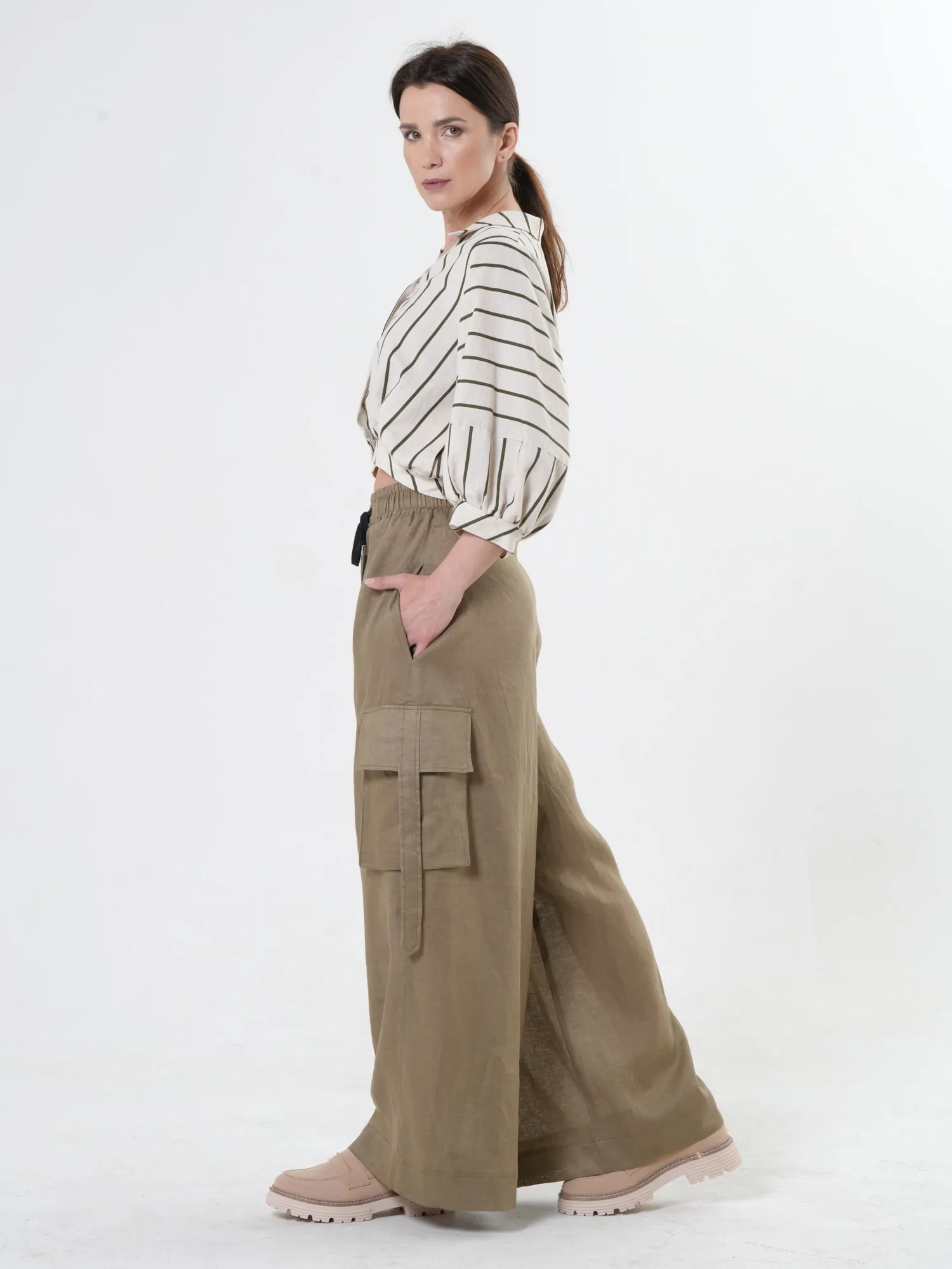 Linen Cargo Palazzo Pants in Khaki