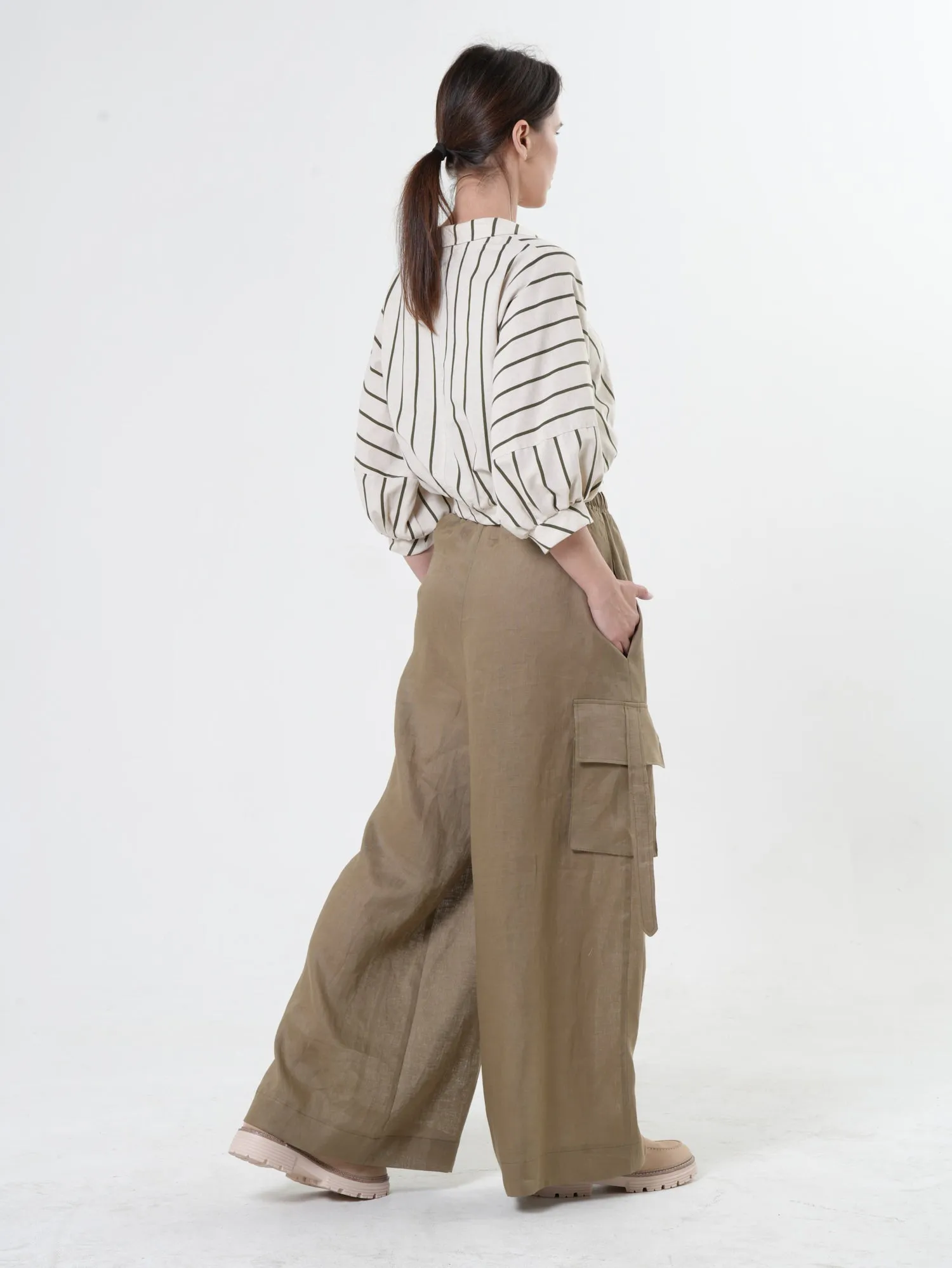 Linen Cargo Palazzo Pants in Khaki