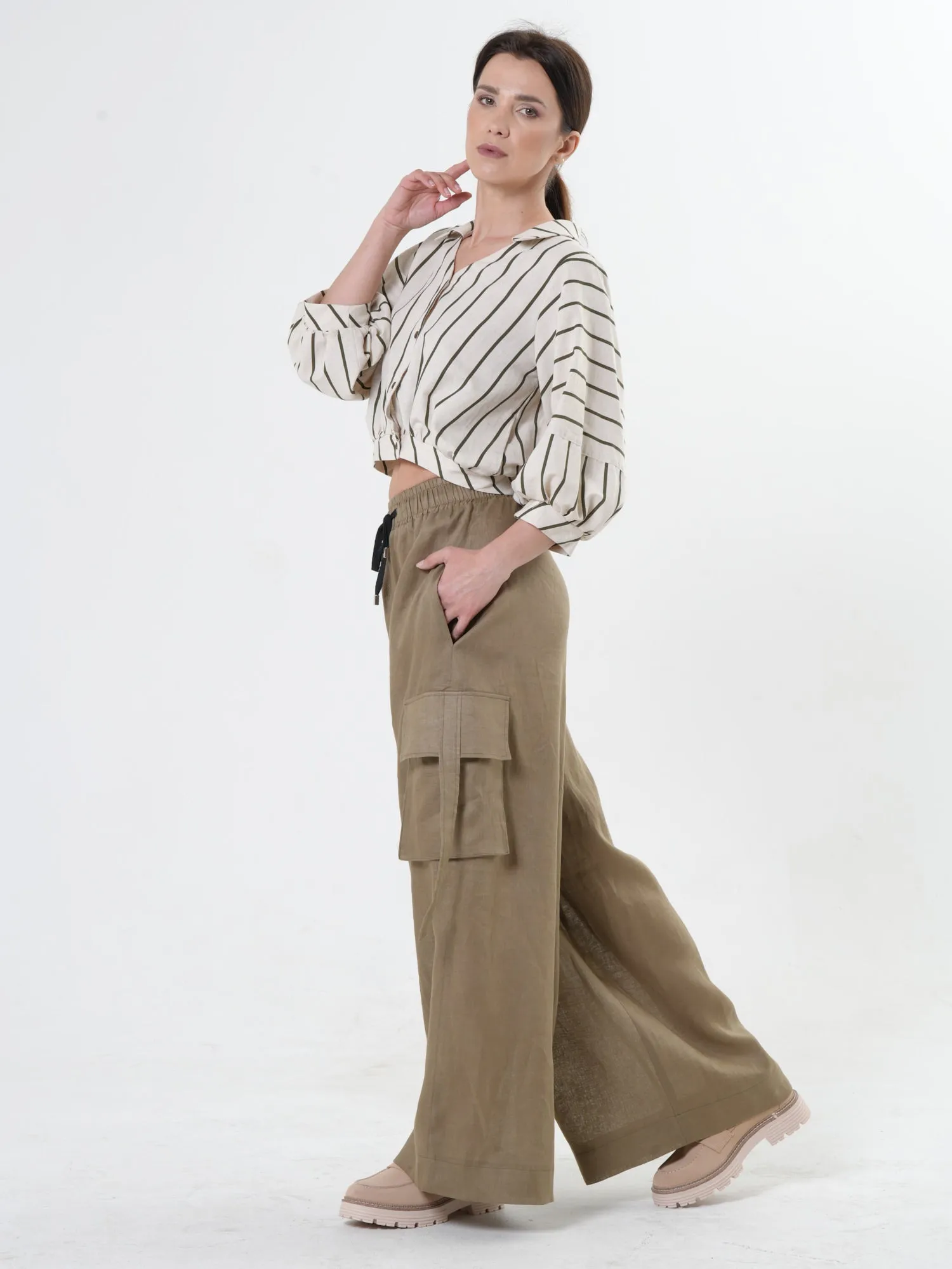 Linen Cargo Palazzo Pants in Khaki