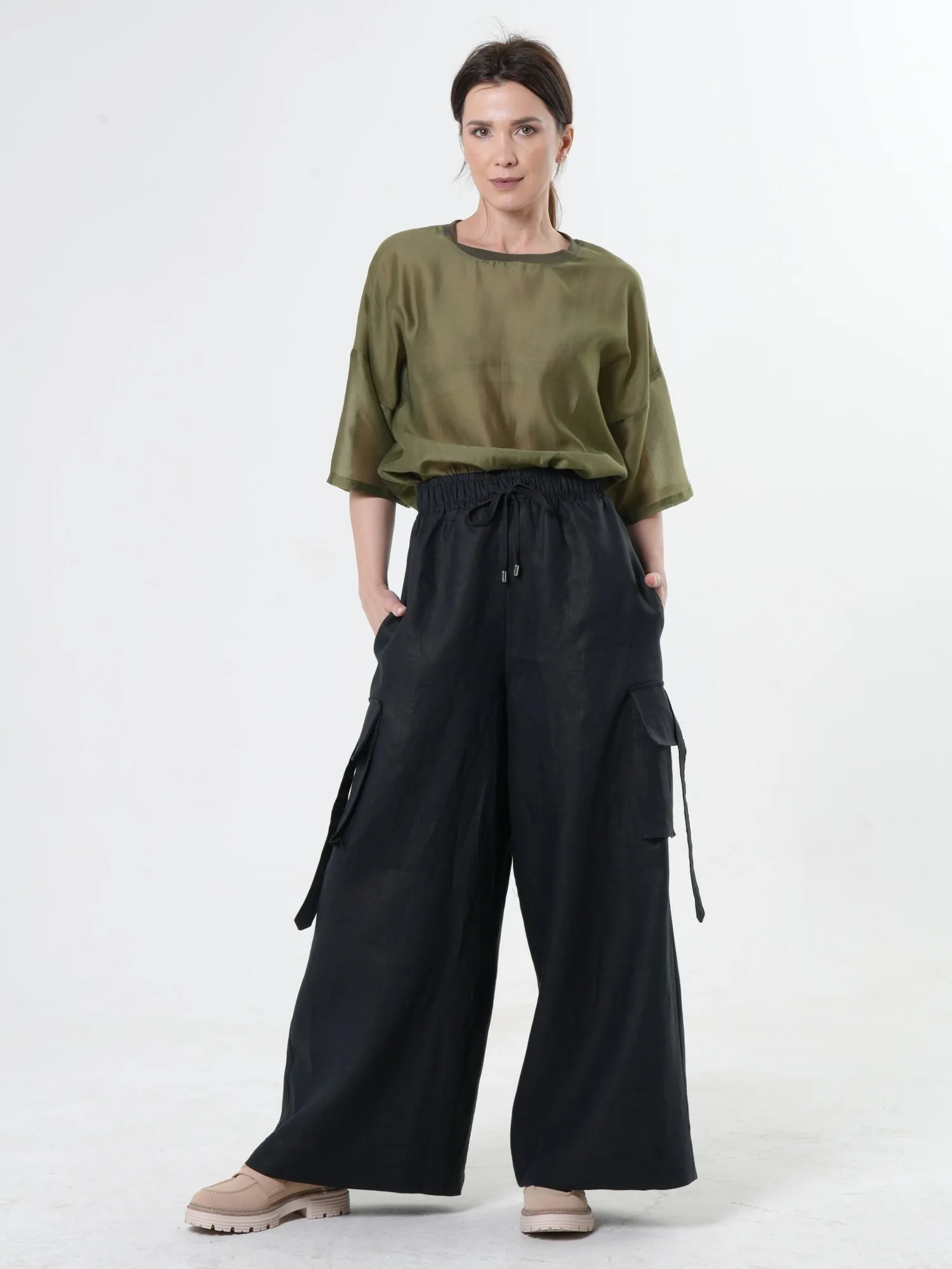 Linen Cargo Palazzo Pants in Khaki