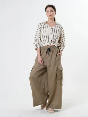 Linen Cargo Palazzo Pants in Khaki