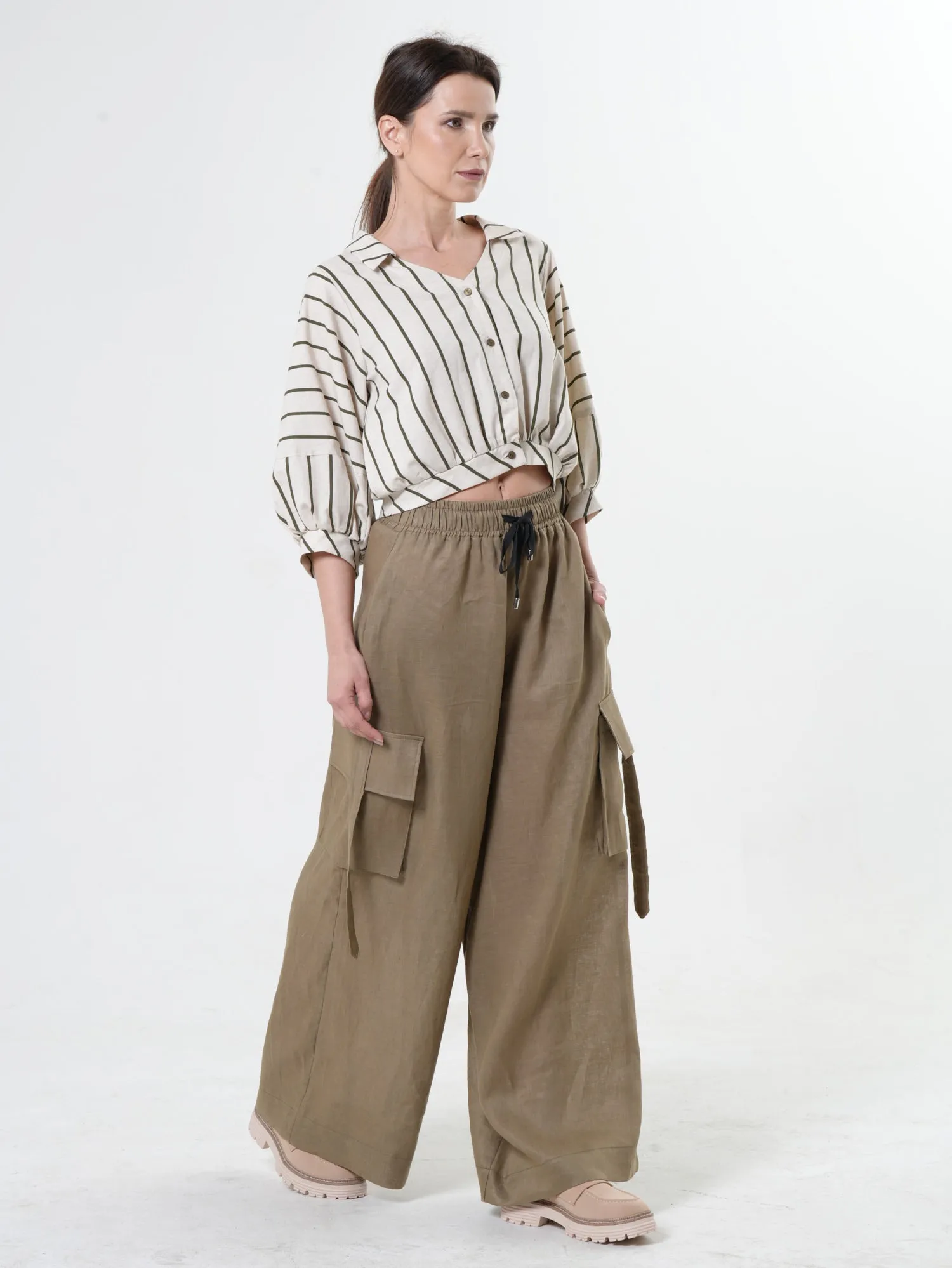 Linen Cargo Palazzo Pants in Khaki