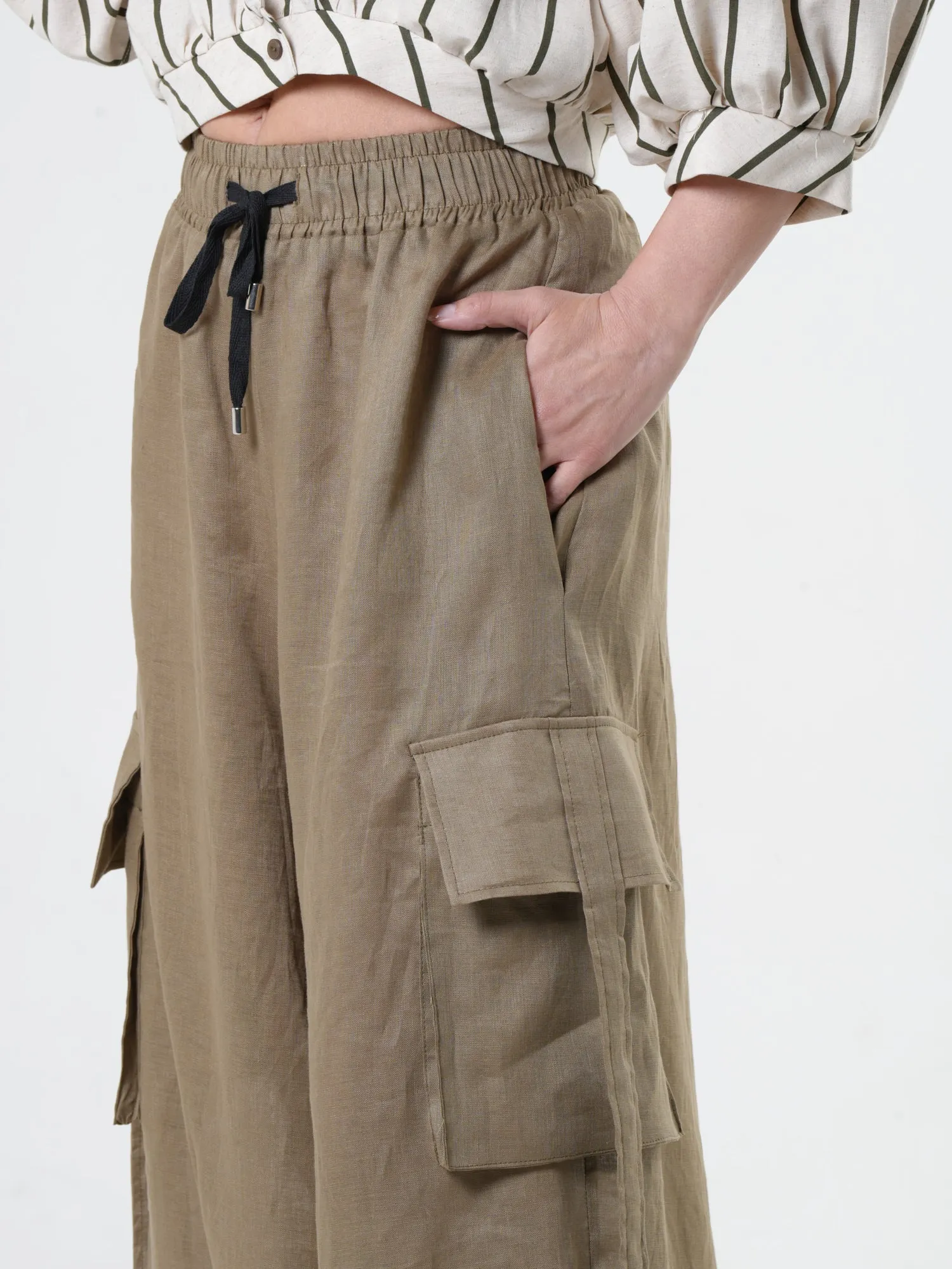 Linen Cargo Palazzo Pants in Khaki