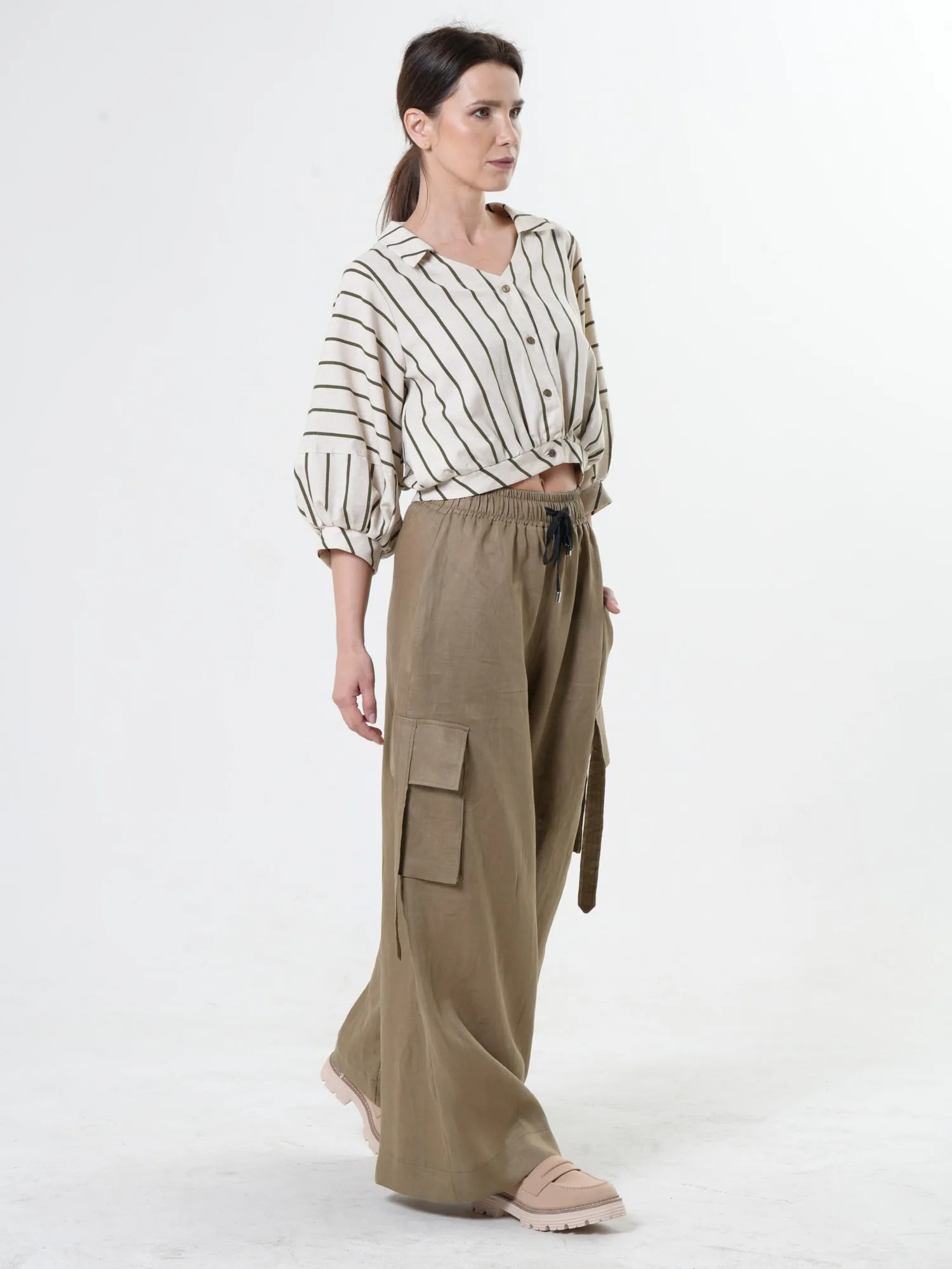 Linen Cargo Palazzo Pants in Khaki