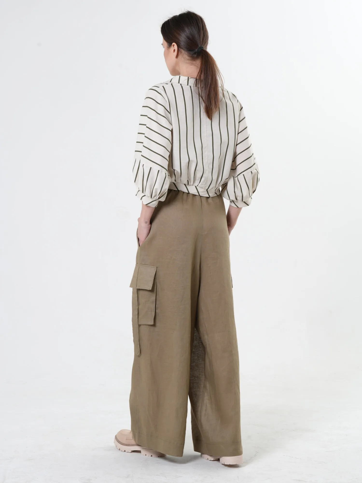 Linen Cargo Palazzo Pants in Khaki