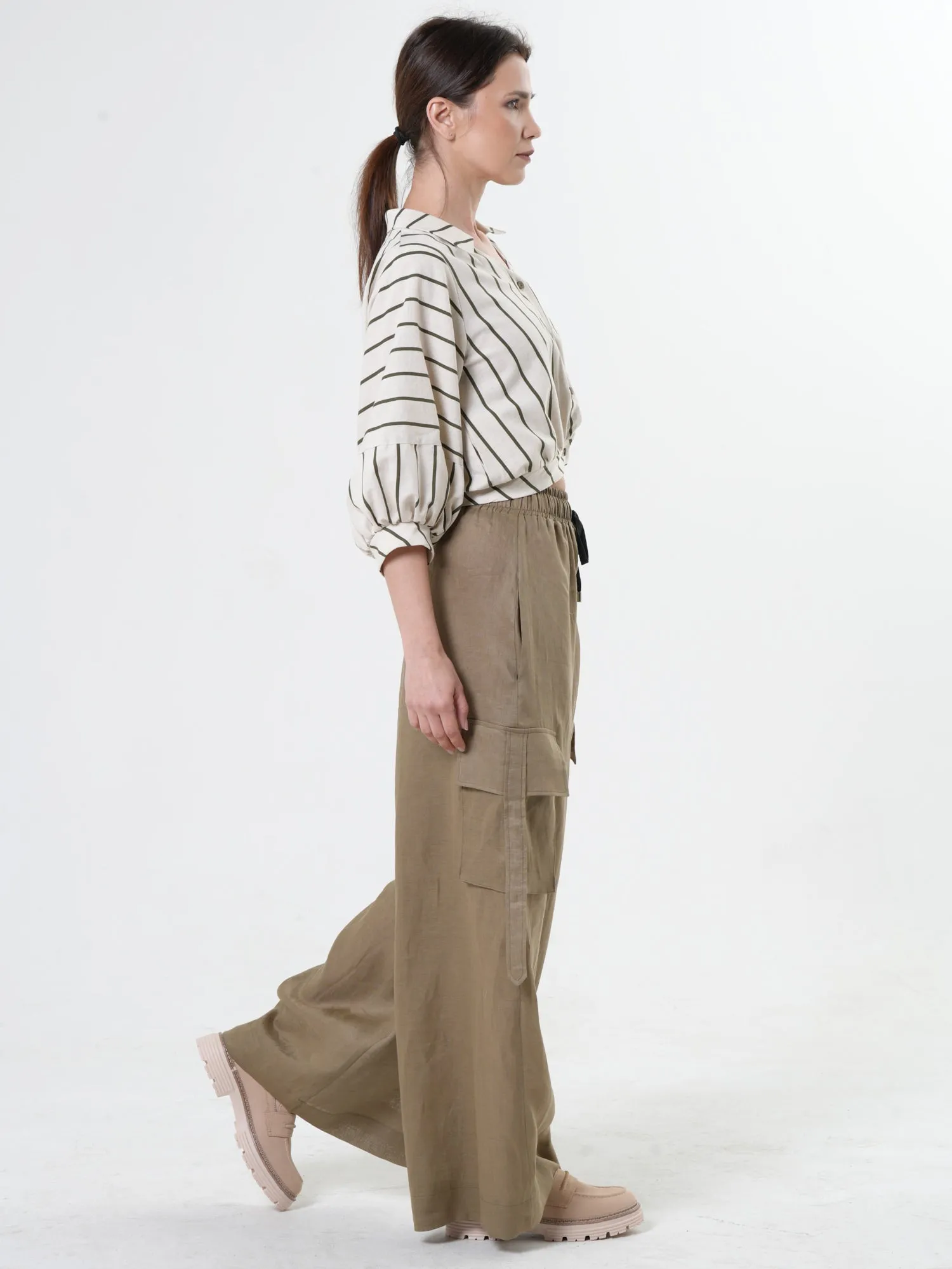 Linen Cargo Palazzo Pants in Khaki