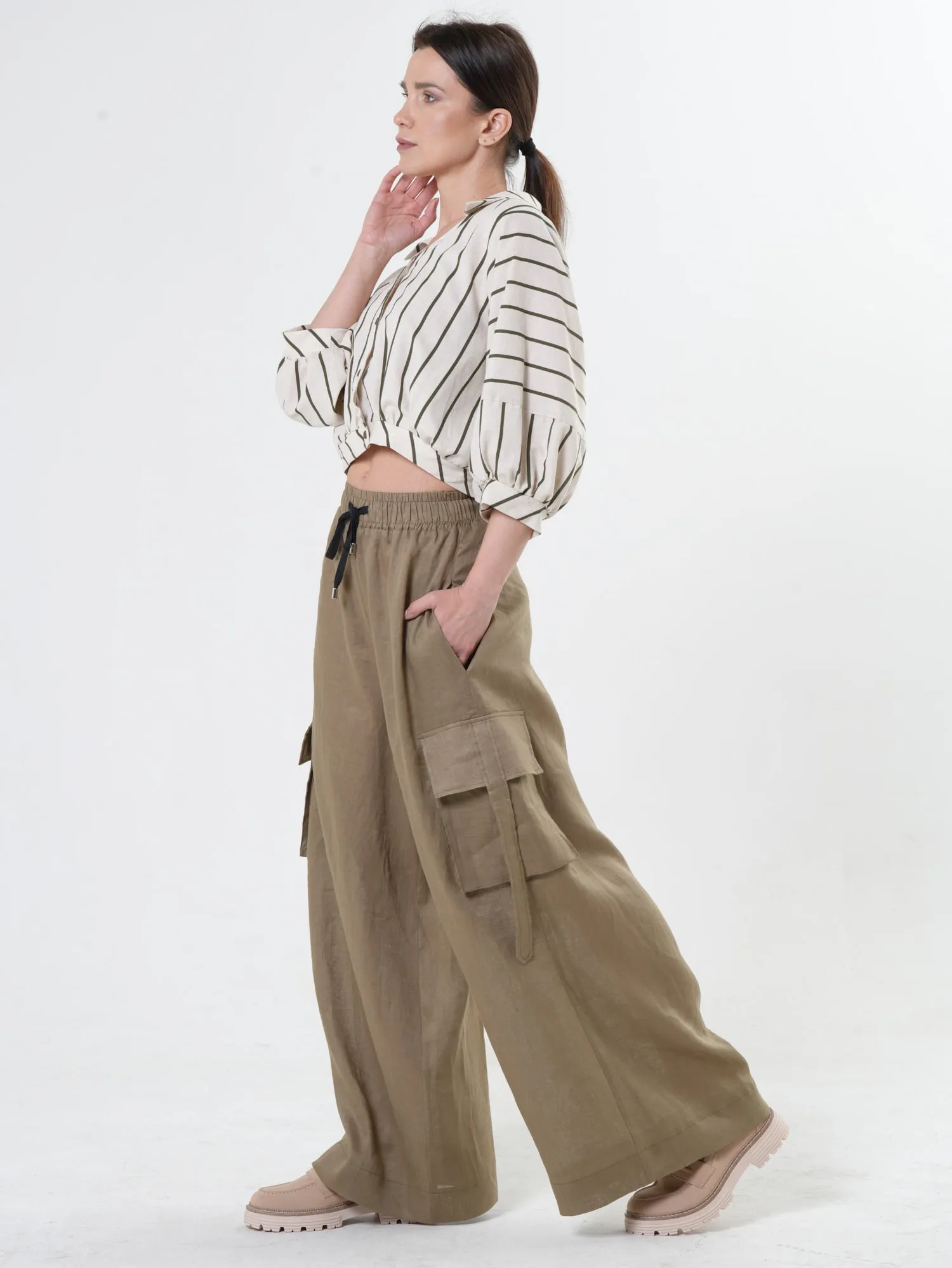 Linen Cargo Palazzo Pants in Khaki