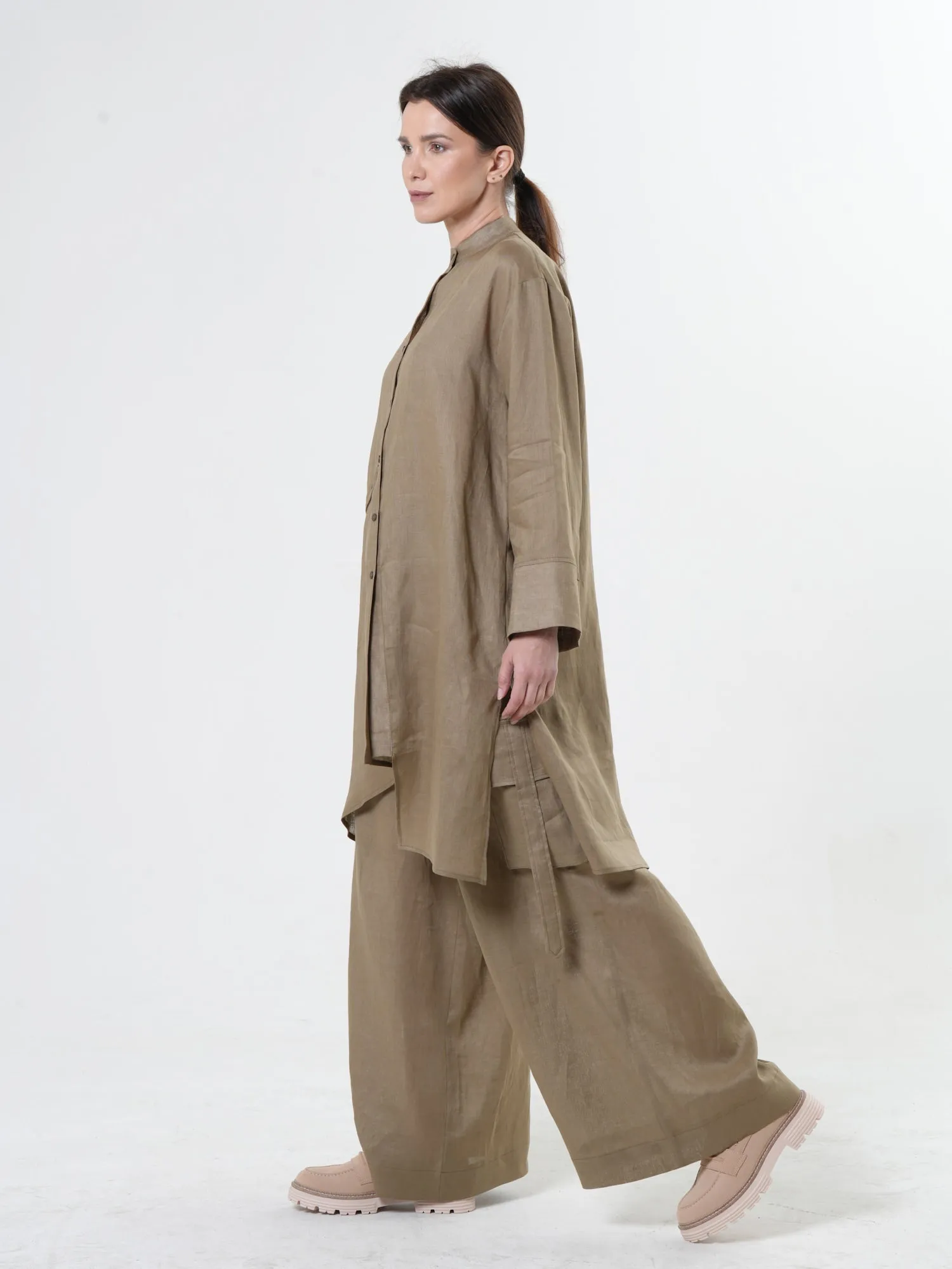 Linen Cargo Palazzo Pants in Khaki