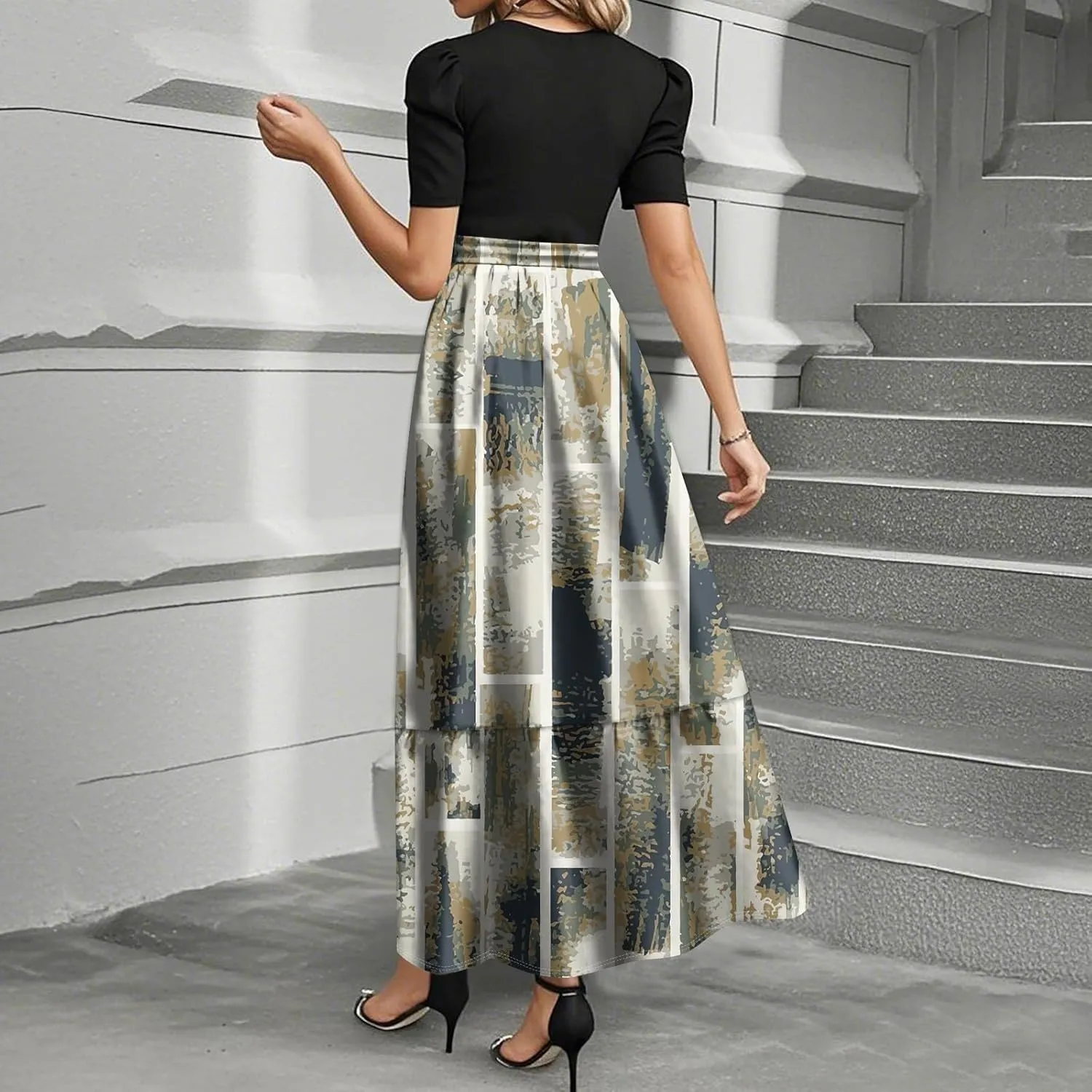 Long Floral Dresses for Women 2025 Elegant Boho Tie Belted Patchwork Waist Short Sleeve Modest Flowy Stripe Maxi Dress