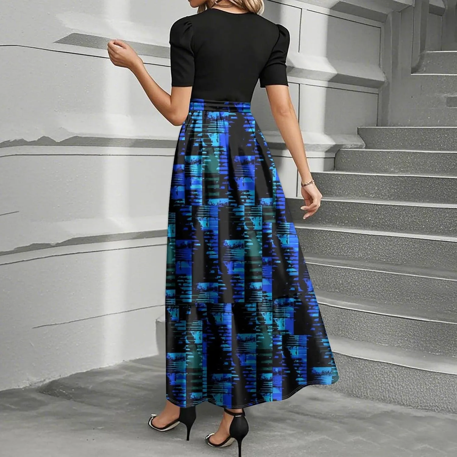 Long Floral Dresses for Women 2025 Elegant Boho Tie Belted Patchwork Waist Short Sleeve Modest Flowy Stripe Maxi Dress