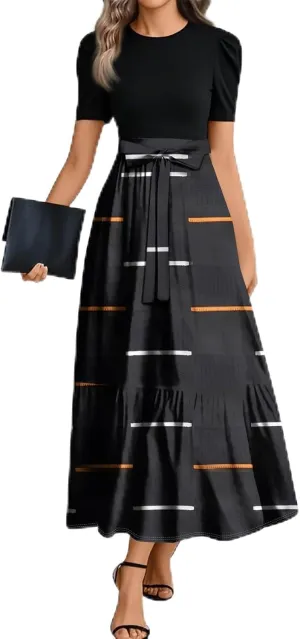 Long Floral Dresses for Women 2025 Elegant Boho Tie Belted Patchwork Waist Short Sleeve Modest Flowy Stripe Maxi Dress