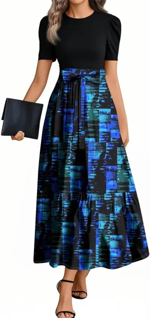 Long Floral Dresses for Women 2025 Elegant Boho Tie Belted Patchwork Waist Short Sleeve Modest Flowy Stripe Maxi Dress