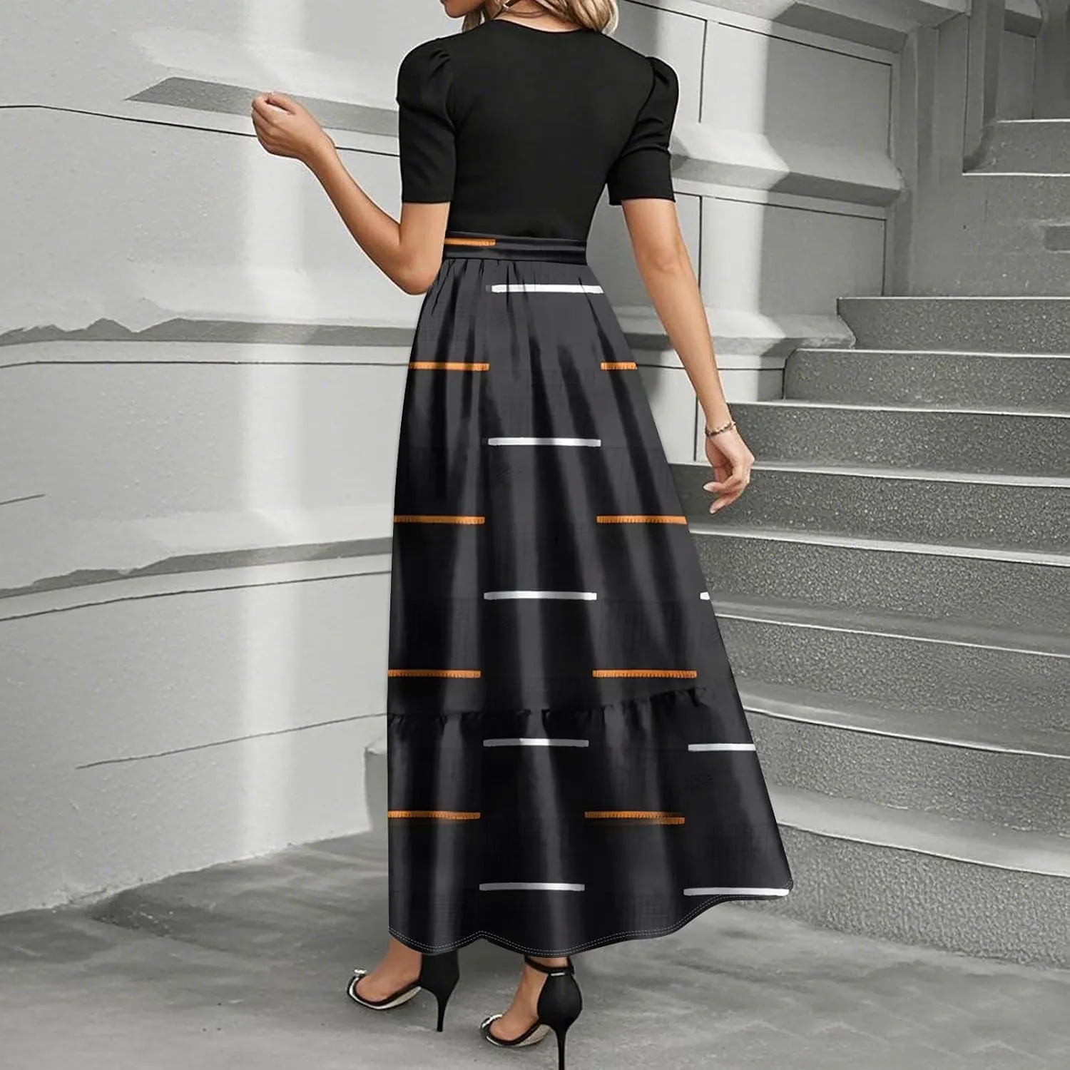 Long Floral Dresses for Women 2025 Elegant Boho Tie Belted Patchwork Waist Short Sleeve Modest Flowy Stripe Maxi Dress