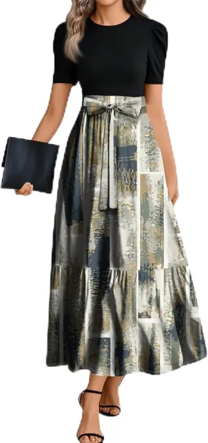 Long Floral Dresses for Women 2025 Elegant Boho Tie Belted Patchwork Waist Short Sleeve Modest Flowy Stripe Maxi Dress
