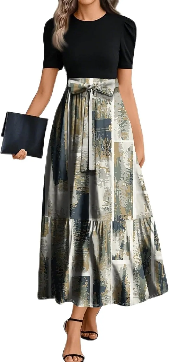 Long Floral Dresses for Women 2025 Elegant Boho Tie Belted Patchwork Waist Short Sleeve Modest Flowy Stripe Maxi Dress
