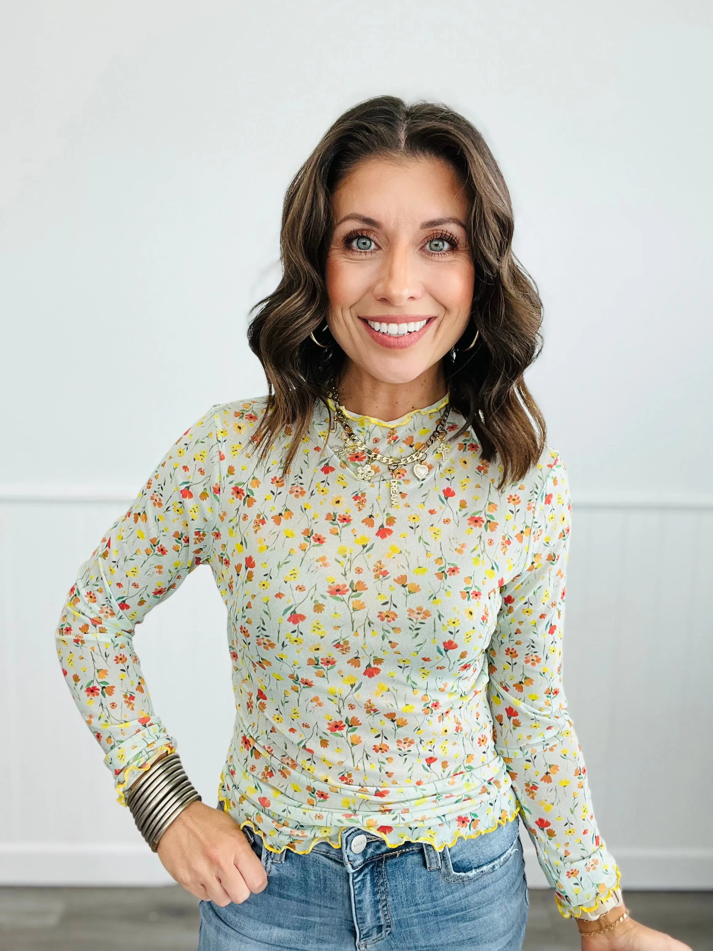 Lovely Floral Mesh Long Sleeve Top (Reg. and Plus)